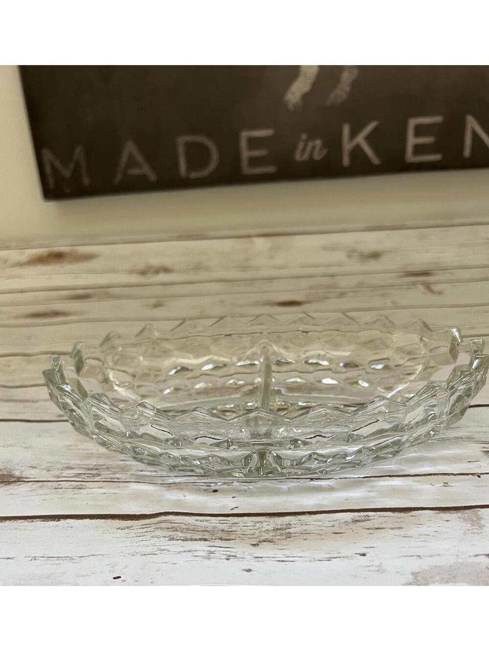 Vintage Fostoria Glass American Clear‎ 2056 Divided Oval Serving Bowl Cubist